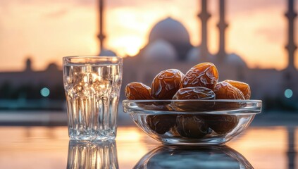 Dates, water, sunset, mosque, Ramadan, iftar