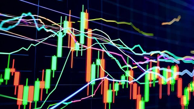 Colorful Stock Market Graph with Candlestick Chart and Data Lines