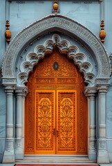 Obraz premium Ornate wooden door with intricate carvings in golden orange tones framed by decorative white marble archway featuring Islamic architectural details and ornamental lanterns.