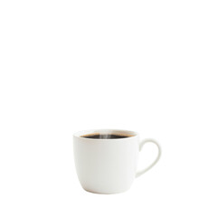 A simple white coffee cup filled with dark coffee on a minimalist background.
