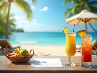 A tropical beach scene featuring refreshing cocktails and a fruit basket on a wooden table, with palm trees and clear blue waters in the background