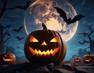 Blue night sky with a large pumpkin and bats flying, pumpkins, atmospheric scene