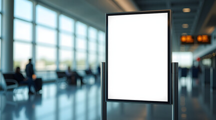 A blank advertising display stands in a modern airport terminal with blurred travelers and bright natural light illuminating the space