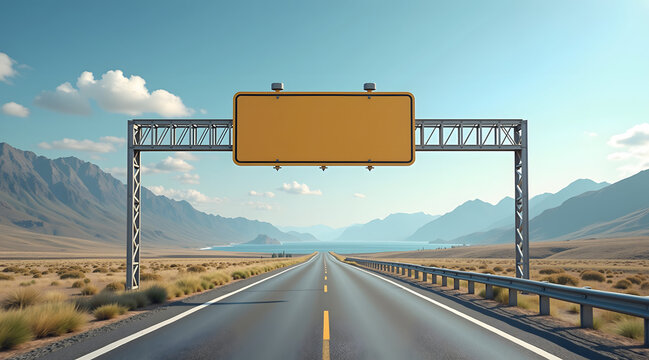 A long, empty highway stretches towards distant mountains and a serene lake under a clear blue sky, featuring a large blank billboard ready for advertising