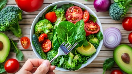 Overhead View of a Vibrant Vegetable Salad with Broccoli, Spinach