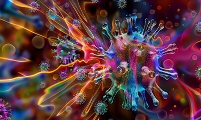 Obraz premium Colorful microscopic virus cells with spiky surface proteins floating in dark space, illuminated by vibrant neon lights creating dramatic scientific visualization.