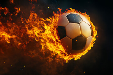 Fototapeta premium fiery soccer ball, a burning soccer ball flying through the air against a black background, a burning soccer ball on a black background, a burning soccer ball, a burning soccer ball, 3d illustration