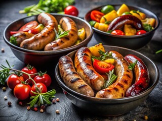 Grilled Sausage & Vegetable Medley in Black Bowls - High-Resolution Stock Photo