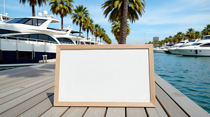 A blank wooden sign stands on a boardwalk by a marina filled with luxury yachts and palm trees under a clear blue sky