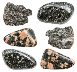 various samples of raw gabbro minerals isolated