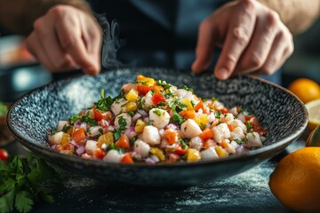 Chef preparing fresh seafood ceviche