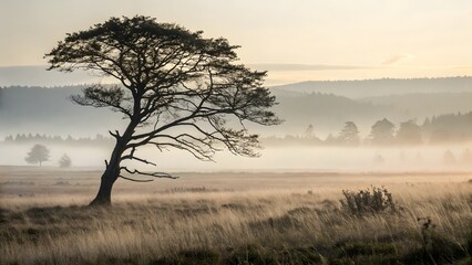 Obraz premium Serene Sunrise Landscape Solitary Tree in Misty Field Golden Hour