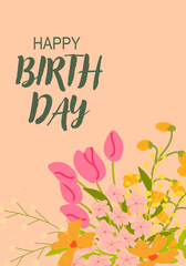 Happy birthday card with colorful floral arrangement on peach background.
