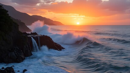 The sunset seaside giant wave shore