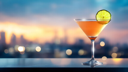 A refreshing cocktail with a lime garnish, set against a colorful sunset cityscape. Perfect for summer evenings.