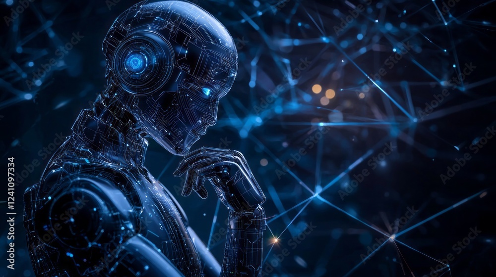 Poster A humanoid robot contemplates in a deep blue digital landscape. Its intricate circuitry glows softly, capturing the essence of both innovation and introspection in a futuristic realm