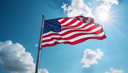 Obraz premium Waving American flag against a bright sky with sun and clouds