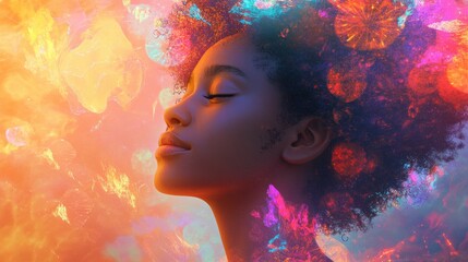 A digital art piece featuring a woman with a large afro hairstyle and a serene expression.