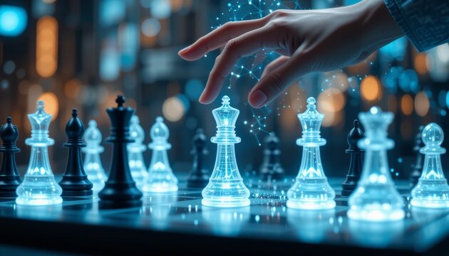 Strategic chess move in a futuristic digital setting