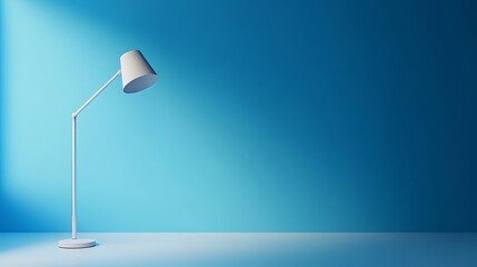 Modern white floor lamp against a blue wall.