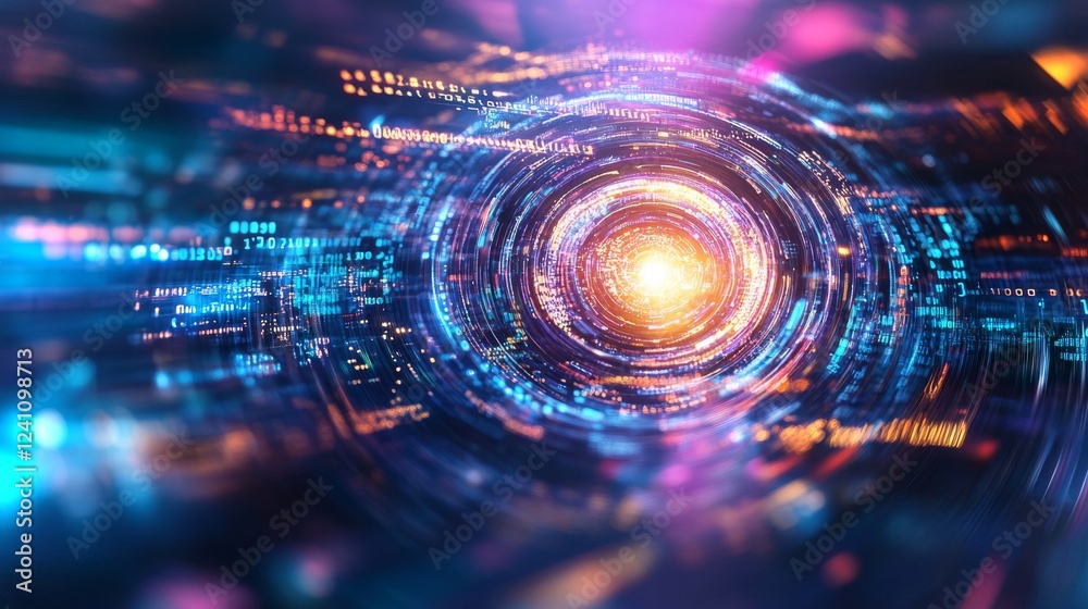 Poster dynamic digital vortex showcasing vibrant colors and data flow in a futuristic setting