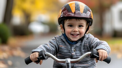 Obraz premium Cheerful Toddler Riding Tricycle Through Cozy Neighborhood Street