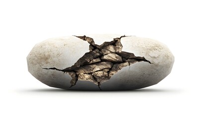 Cracked stone, isolated, white background, geological texture, fragility concept