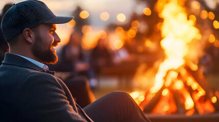 Fototapeta premium A relaxed man enjoying a warm fire during a cozy evening, surrounded by friends and a beautiful atmosphere.