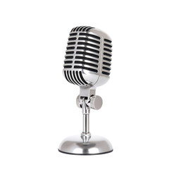 Fototapeta premium Classic vintage microphone on a stand, perfect for music and podcasting projects.