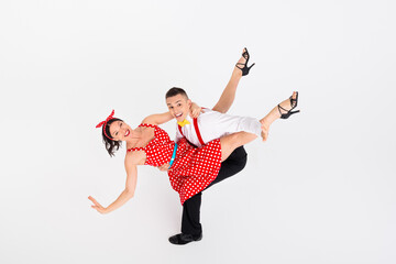 Photo of funky funny couple dancers choreographers dancing active rhythm isolated on white color background
