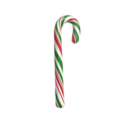 Colorful candy cane with red and green stripes, perfect for festive decorations.