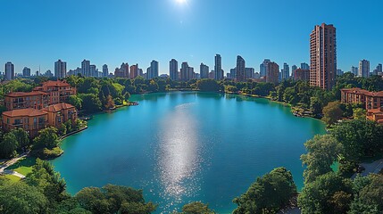 Obraz premium Sunny city lake panorama, upscale buildings, aerial view