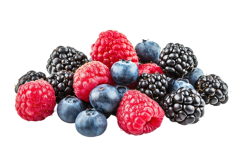 A bunch of berries including blueberries and raspberries. ,on transparent background.