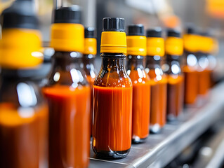 A row of amber bottles filled with vibrant sauce, showcasing a modern food production line in action.