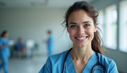 Smiling female nurse in blue scrubs with a stethoscope in a hospital environment