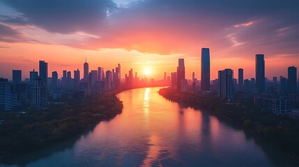 Fototapeta premium Sunrise Cityscape River Skyline Sunset Aerial