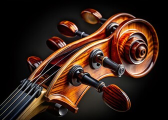 High-Resolution Cello Scroll, Pegbox, and Tuning Pegs - Isolated on Black Background