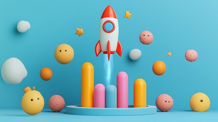 Obraz premium 3D icon of a rocket flying above a bar graph with blue background