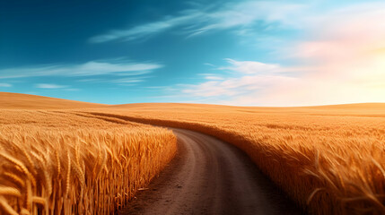 Fototapeta premium A scenic pathway winds through golden fields under a vibrant blue sky, capturing the beauty of nature and tranquility.