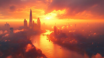 Fiery sunset over city skyline, river, fog