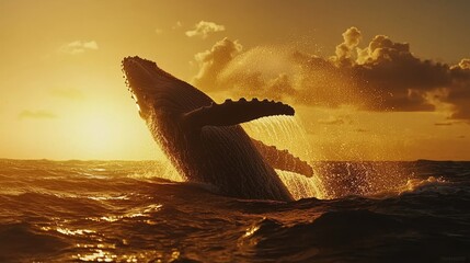 Fototapeta premium Majestic Whale Breaching at Sunset with Golden Ocean Waves