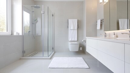 Modern white bathroom, shower, towels, window view