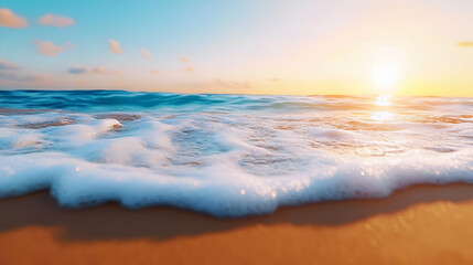 Fototapeta premium A serene beach scene with gentle waves lapping against the shore during a beautiful sunset.