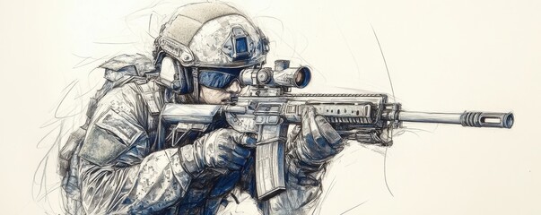 Detailed technical drawing of a soldier aiming with a scoped rifle