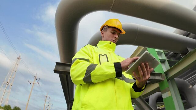 Industrial Engineer in Action: A focused industrial engineer, clad in a high-visibility jacket and hard hat.