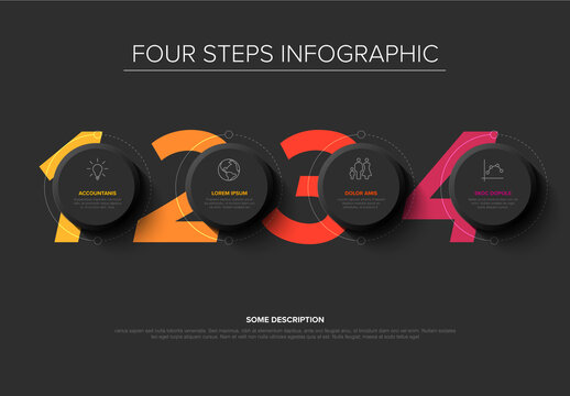 Four Step Dark Infographic Template with Colorful Numbers and big circle buttons