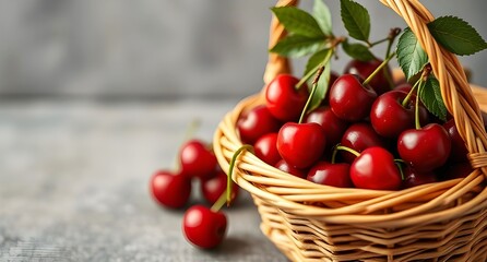 Close up view of a wicker basket with cherries.