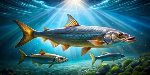 Naklejka premium Houndfish Hunting: Sunlight Dappled Underwater Scene with Small Fish