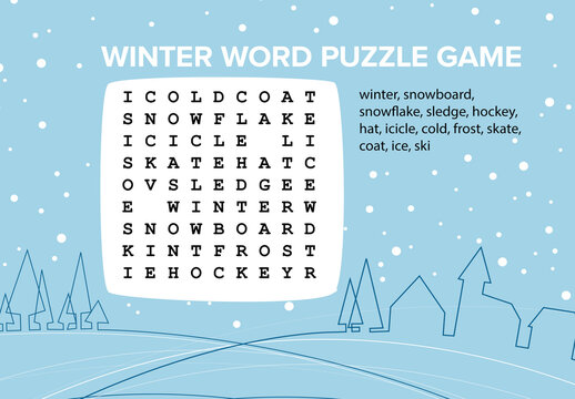 Winter Word Search Puzzle Game with Snowy Background and Secret Word