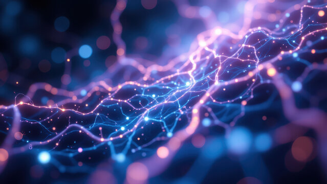 Image depicts a close-up view of electrochemical neural activity in a network resembling the Vagus Nerve, illustrating the concept of Vagal Stimulation.